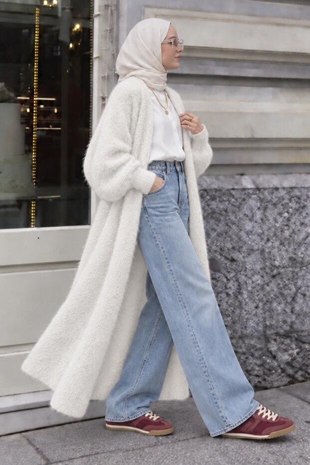 Perla Women's Long Angora Cardigan – Soft Textured Long Cardigan Ecru