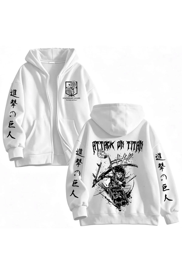 Attack on Titan Printed 3 Thread Zippered Cardigan with Raised Pattern Oversize