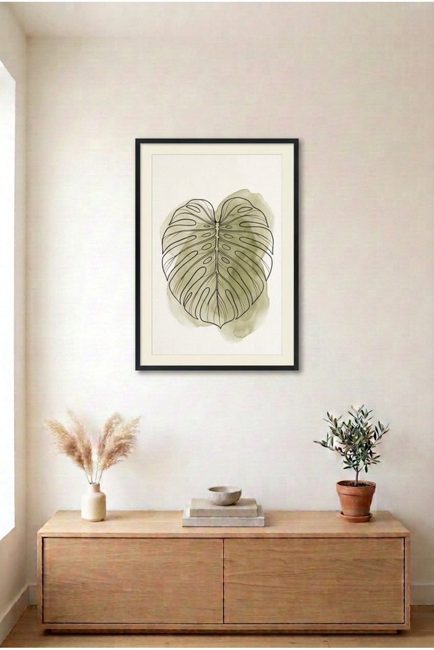 Monstera Leaf Illustration Black Wood Framed Mdf Painting - Botanical Line Art Living Room Decor Huhu3288 - Single Painting Black Frame