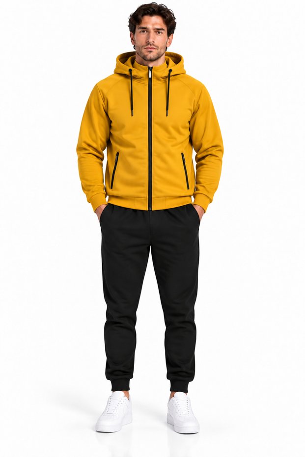 Men's 3 Thread Cotton Tracksuit Set with Stand Collar and Hooded Zipper, Mustard-204