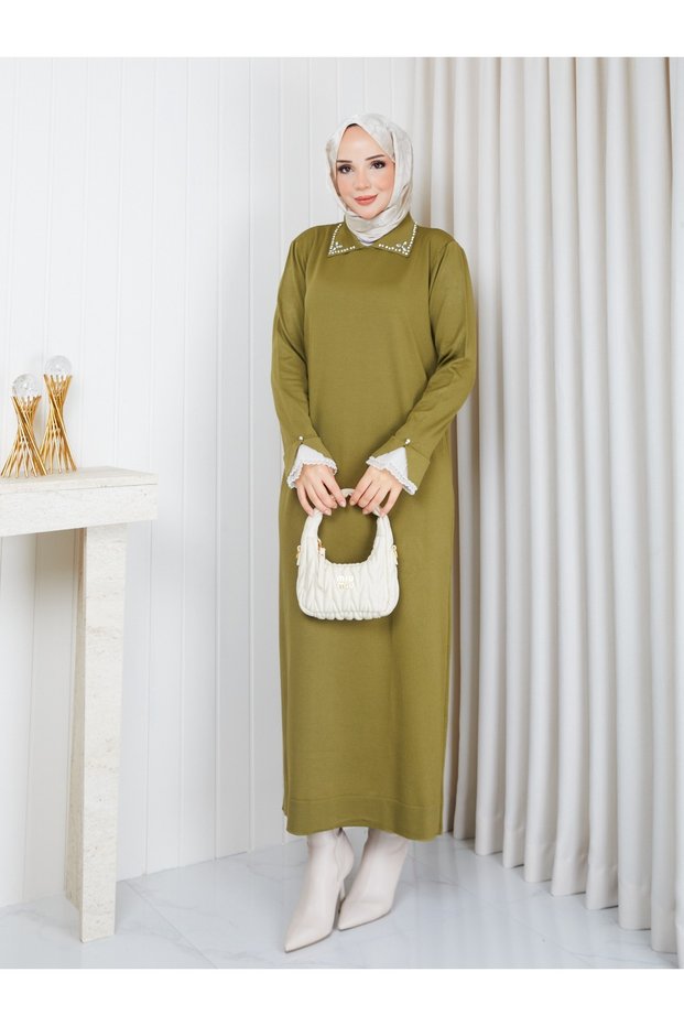 Women's Polo Collar Cold Yarn Oil Green Knitwear Dress Standard Size Compatible