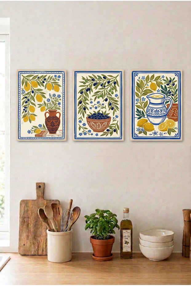 3-Piece Mediterranean Lemon and Olive Wooden Framed Mdf Painting Set - Kitchen Wall Decor Huhu3243 - Triple Painting Set Natural Wood Frame