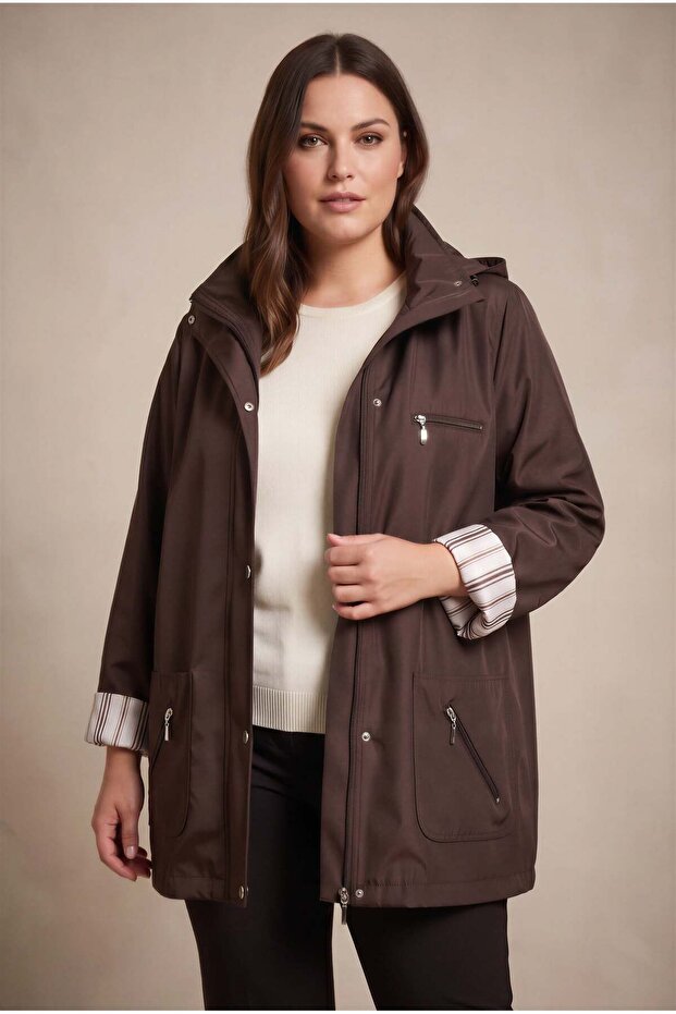 Line Detailed Plus Size Trench Coat Brown