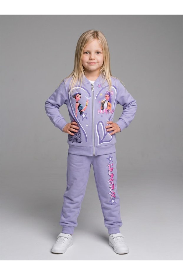 Girl's Patterned 3-Yarn Ruffled Elastic Leg 3-Piece Tracksuit Set - 261175