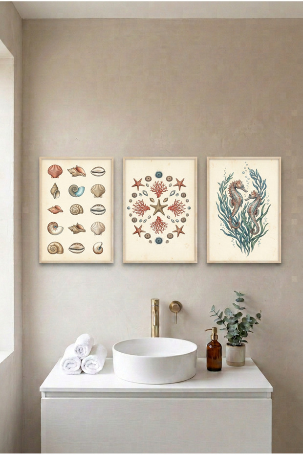 3-Piece Sea and Coastal Wood Framed Mdf Painting Set - Bathroom Wall Decor Huhu3281 - Triple Painting Set Natural Wood Frame