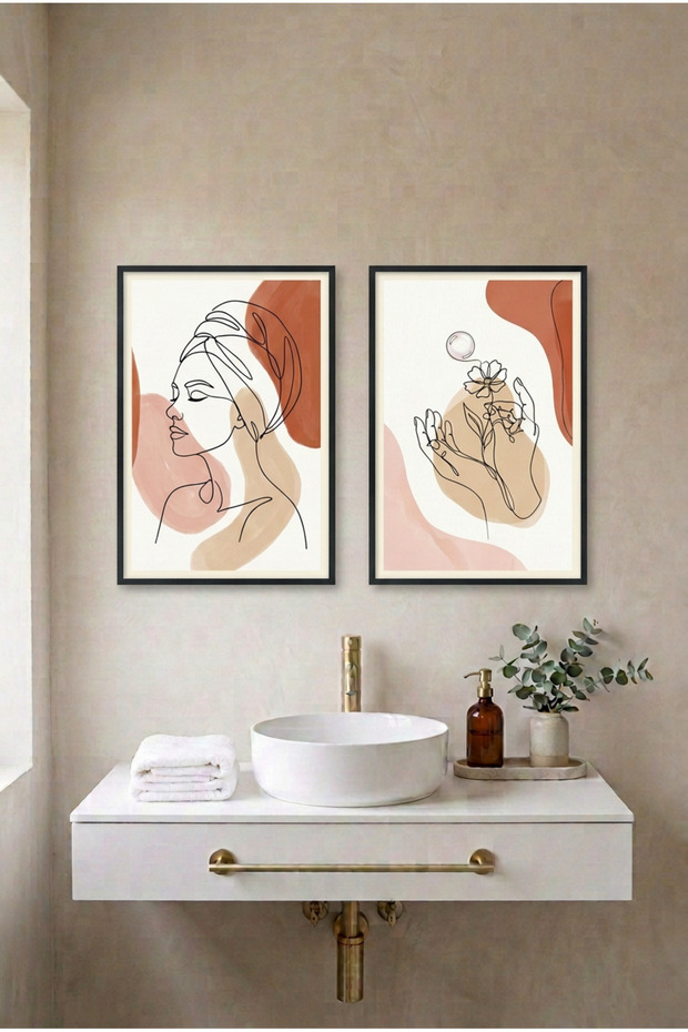2-Piece Woman Portrait and Hands Black Wooden Framed Mdf Bathroom Painting Set Huhu3276 - Double Painting Set Black Frame