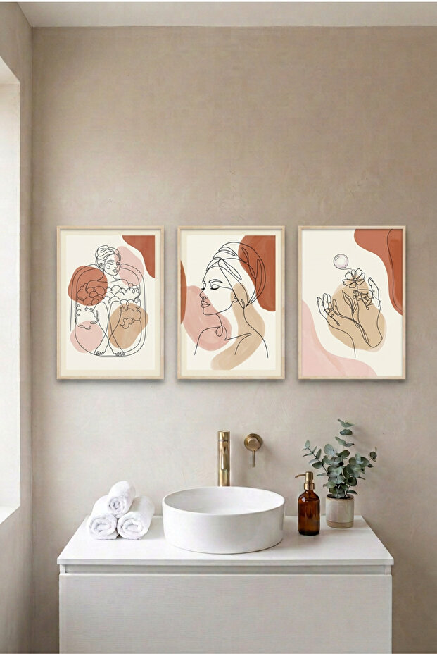 3-Piece Single Line Minimal Wooden Framed Mdf Painting Set - Bathroom Wall Decor Huhu3283 - Triple Painting Set Natural Wood Frame