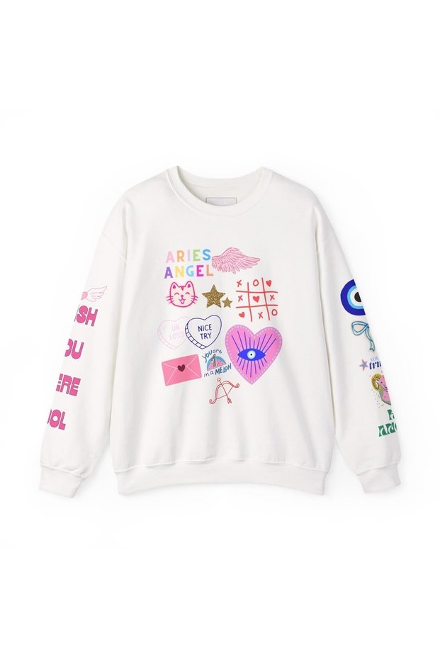 Aries Angel Design Printed Cotton 3 Thread Threaded Crew Neck Oversize Sweatshirt