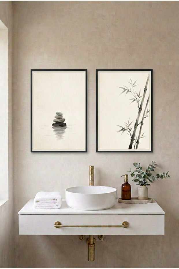 2-Piece Zen Stone and Bamboo Black Wooden Framed Mdf Bathroom Table Set Huhu3273 - Double Table Set Black Frame