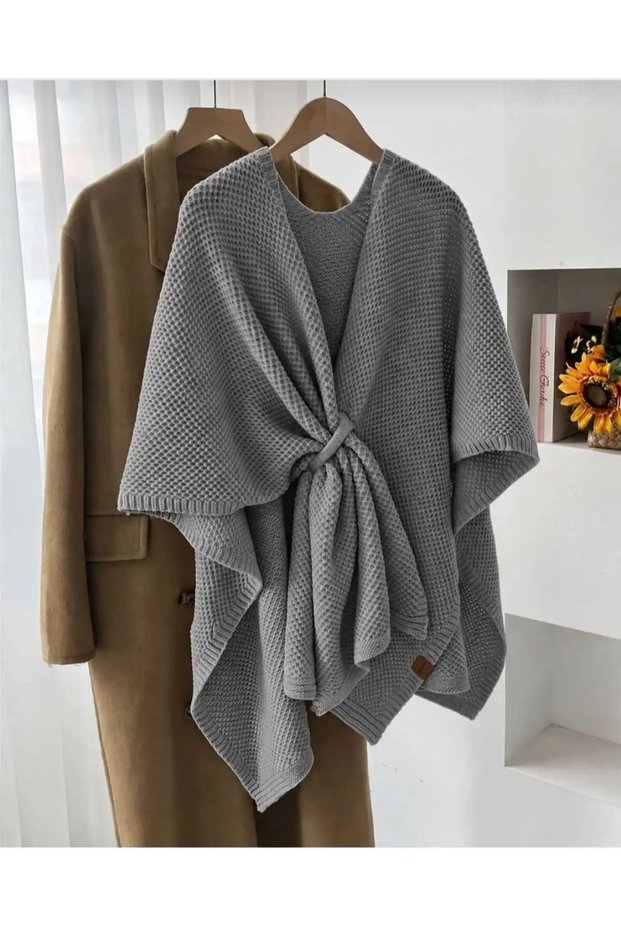 Women's Tie-Up Knitwear Poncho Cardigan – Asymmetrical Cut, Loose Knit Model