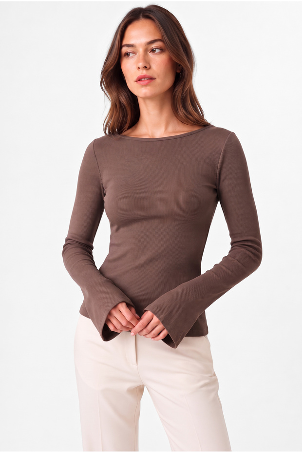 Women's Mink Boat Neck Bell Sleeve Ribbed Basic Blouse