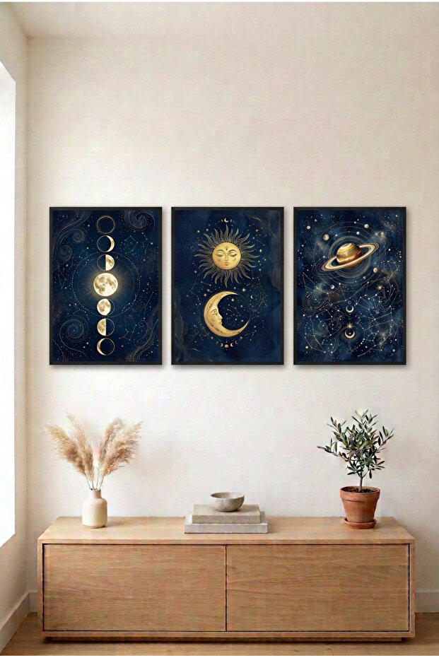 3-Piece Moon and Sky Black Wooden Framed Mdf Painting Set - Living Room Wall Decor Huhu3320 - Triple Painting Set Black Frame