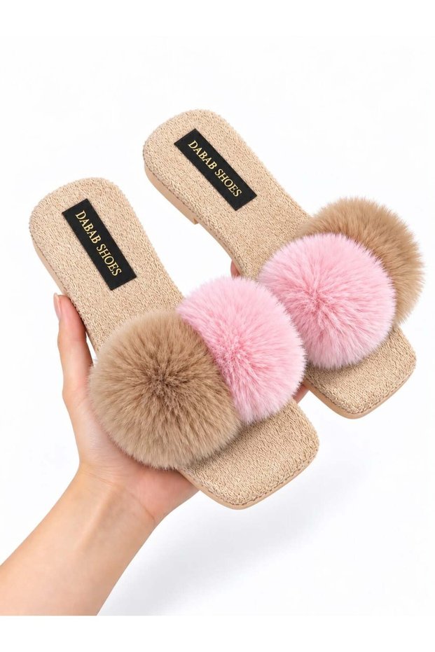 Pomella Women's Beige Double Pompom Plush Banded Non-Slip Sole Open Front House Slippers
