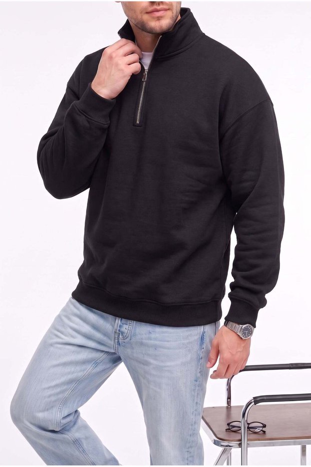 Men's black turtleneck 3-thread fleece-lined oversized sweatshirt
