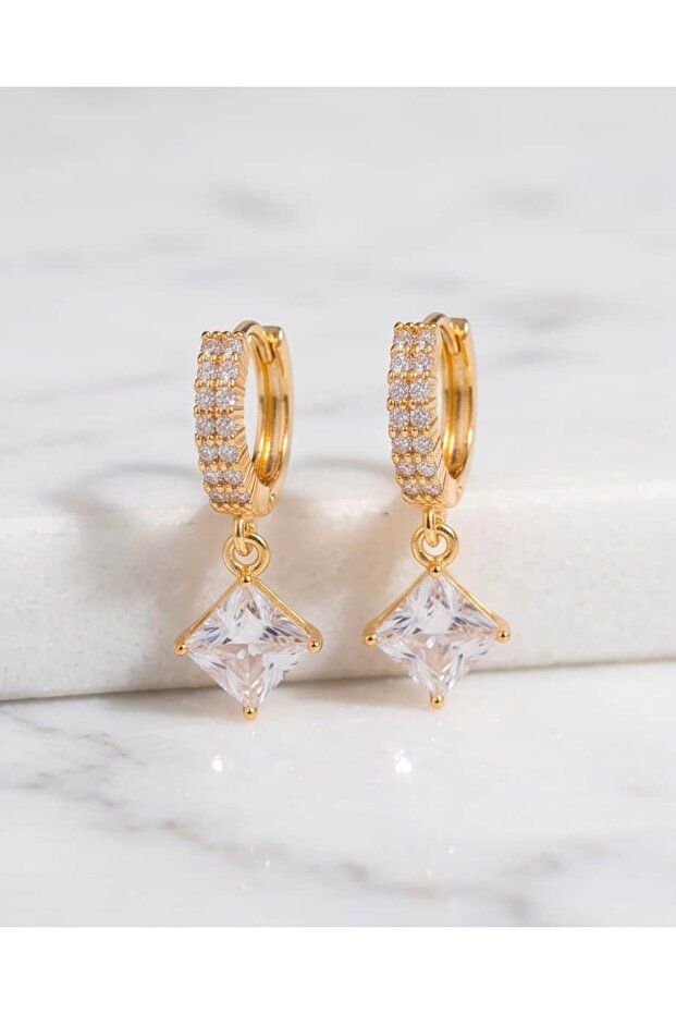 Tetra Square Zircon Stone Dangle Hoop Steel Xuping Earrings