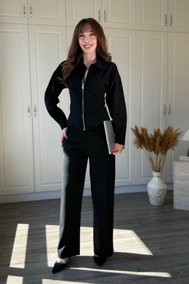Zippered Shirt Collar Polyviscon Suit