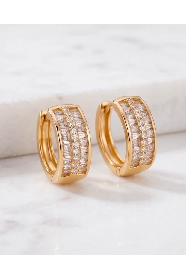Lucida Yelpaze Rowed Baguette and Round Zircon Stone Wide Hoop Steel Xuping Earrings