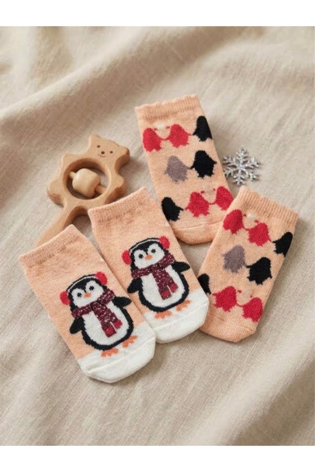 Baby Sock Set 2 Pairs Penguin Patterned Christmas Themed 2-Piece Cotton Baby Sock Set 90% Cotton
