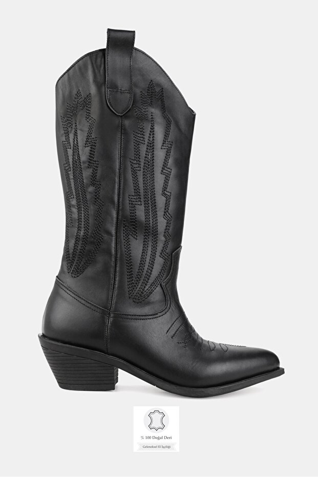 Women's Black Genuine Natural Leather Short Heel Western Boots & Booties