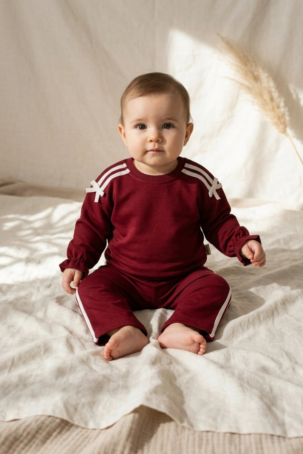 Burgundy and White Striped Ribbon Detailed Cotton Tracksuit Set for Baby Girls and Children - Soft Textured Two-Piece Set