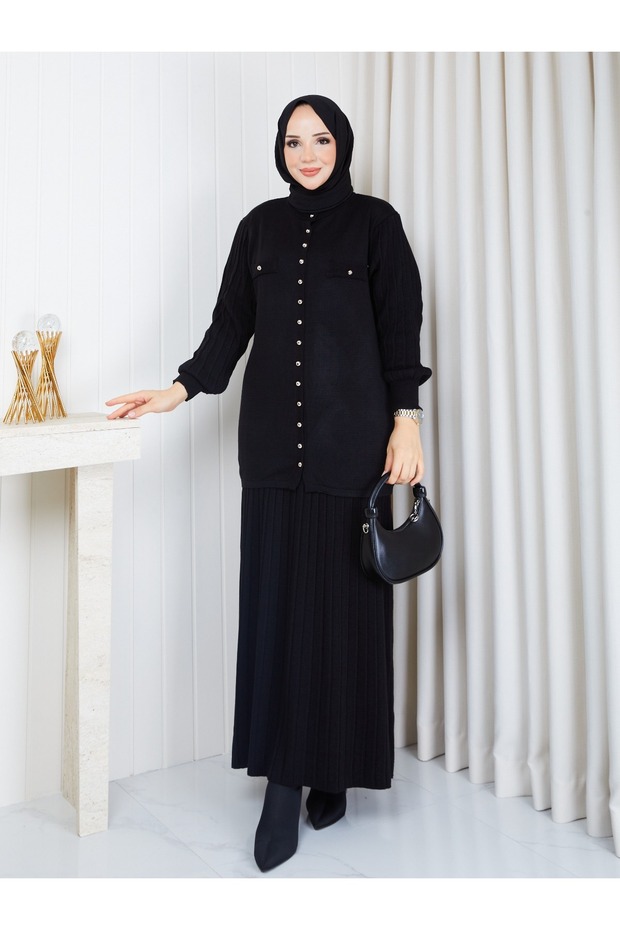 Women's Jacket Skirt Black Knitwear Double Set Standard Size
