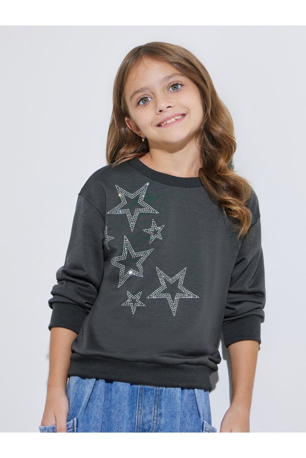 Girls Grey Star Embellished Oversized Sweatshirt