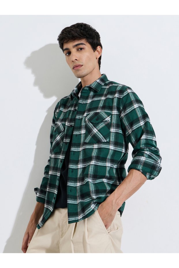 Dark Green Checked pocket Details Regular Fit Shirt