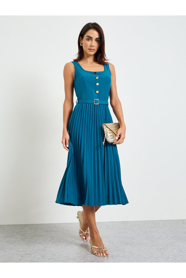 Midi A-Line Sleeveless Plain Blue Dress