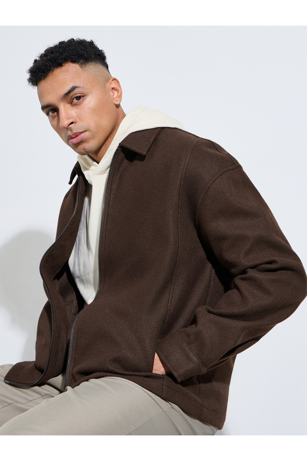 Brown Solid Minimal Zip-Up Jacket