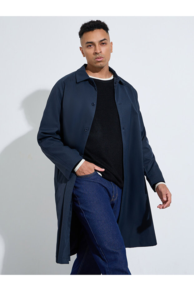 Navy Blue Solid Regular Fit Button-Up Trench Coat