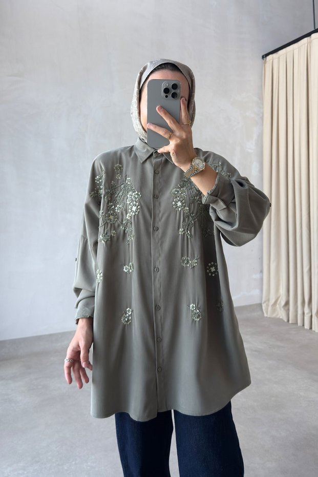 Aster Beaded Embroidered Shirt - Khaki