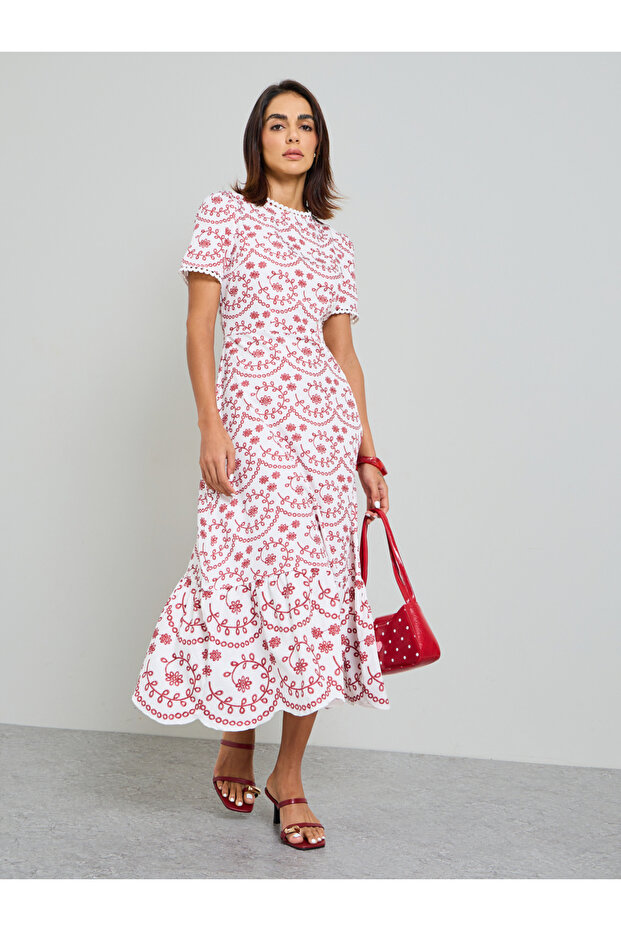 Embroidered Midi A-Line Dress with Short Sleeves