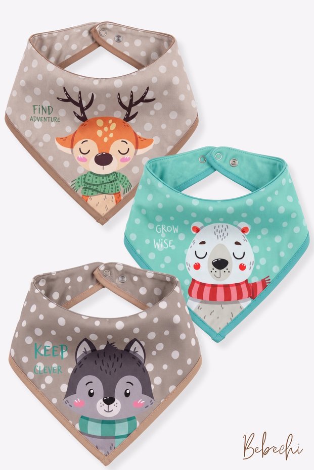 Animals Pattern Polycotton Fabric Snap Fastener Baby Drool Bib & Scarf (3 Pieces)