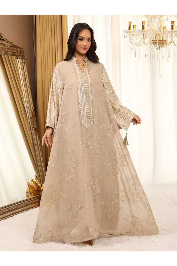 Beige Maxi Jalabiya with Sequin and Embroidered Design - Elegant Arabian Kaftan