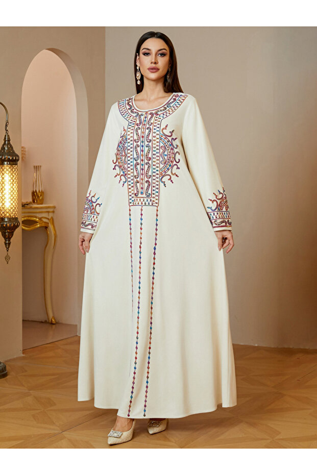 Beige Maxi Jalabiya with Vibrant Embroidery