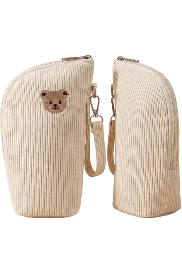 Baby Bottle Warmer Bag with Bear Design | Insulated Travel Bottle Holder with Aluminum Foil Lining | Keeps Milk Bottles Warm | Mommy Bag Addition | Beige, Pink & White (Beige)