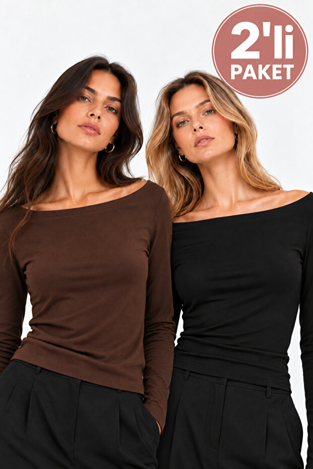 Women's 2-Pack Boat Neck Long Sleeve Basic Body Blouse Brown Black