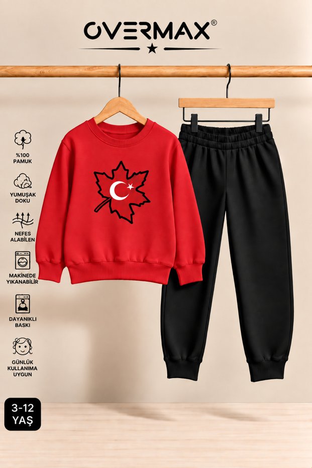 Turkish Flag Printed Children's Crew Neck Sweatshirt Tracksuit Set - Ages 3-12