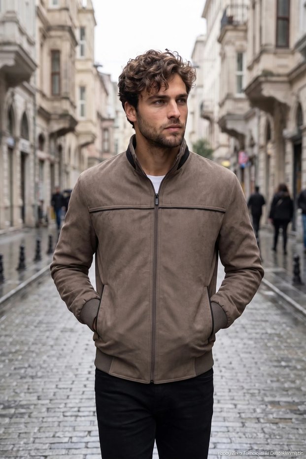 Men's Winter Mink Coat with Stand Collar and Pockets, Nubuck Fabric, Classic Pattern - M001
