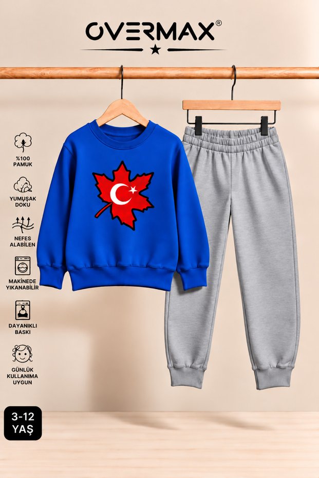 Turkish Flag Printed Children's Crew Neck Sweatshirt Tracksuit Set - Ages 3-12