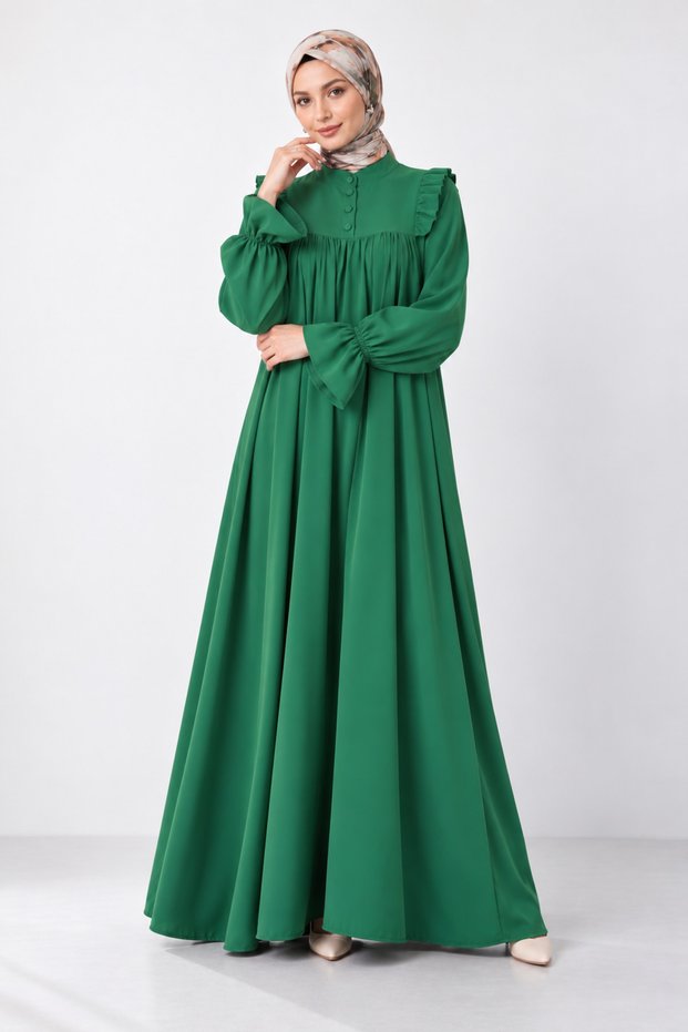 Women's Hijab Ruffle Detailed Buttoned Comfortable Fit Long Maxi Dress