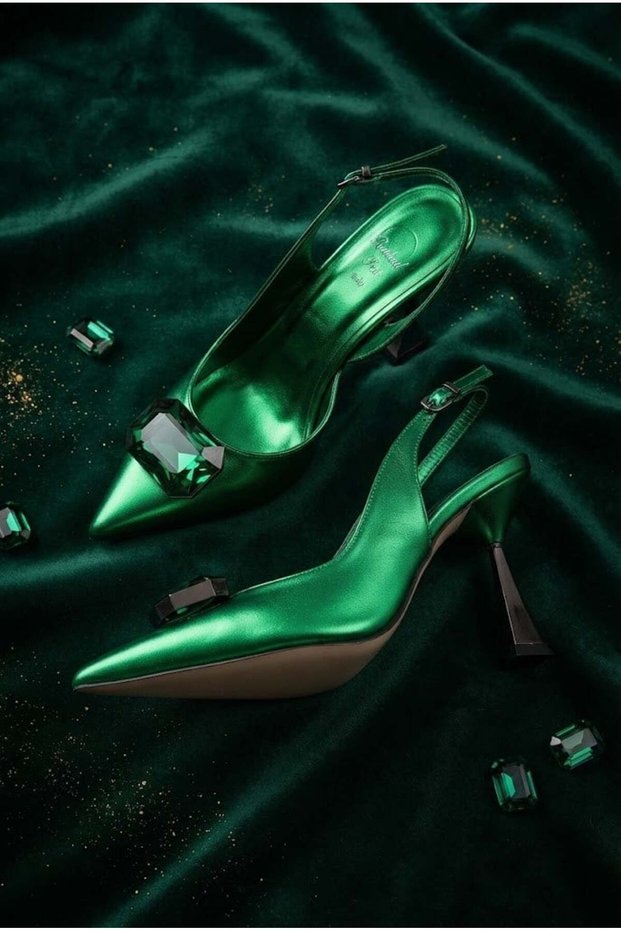 Ronga Women's Heeled Shoes with Back Strap, Thin Heel, Stone Green Leather