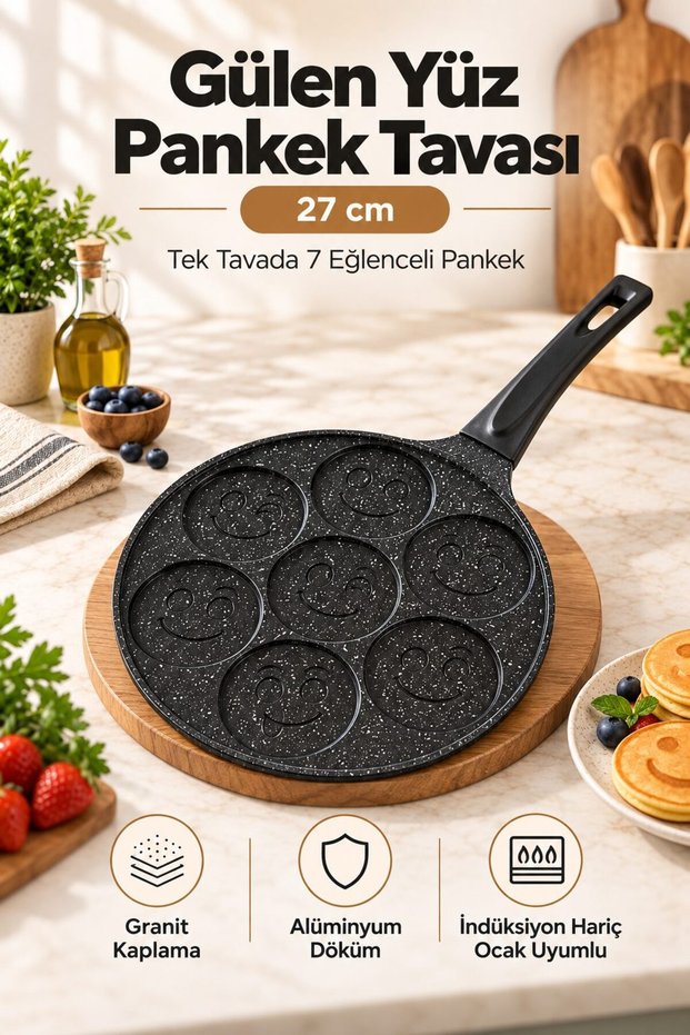 Smiling Face 7-Compartment 27 cm Granite Coated Aluminum Cast Pancake Pan