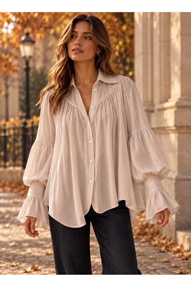 Women's Powder Flounce Detail Crinkle Balloon Sleeve Fabric Shirt