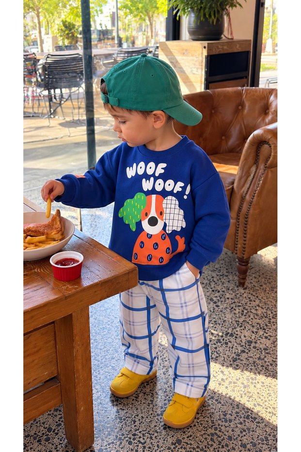 Boy's Woof Lettering and Dog Print Sweatshirt Checkered Gabardine Denim Trousers Top and Bottom Set