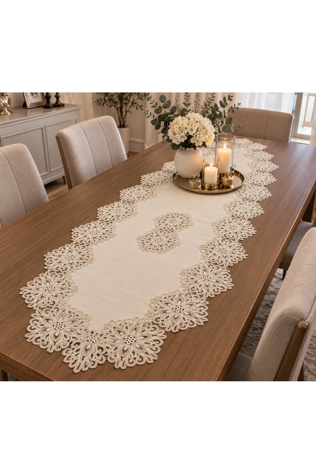 French Lace 60X160 Size Linen Gardenia Luxury Laced Runner