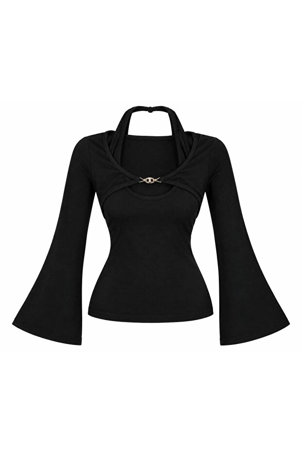 Women's Black Gold Buckle Detailed Spanish Sleeve Blouse