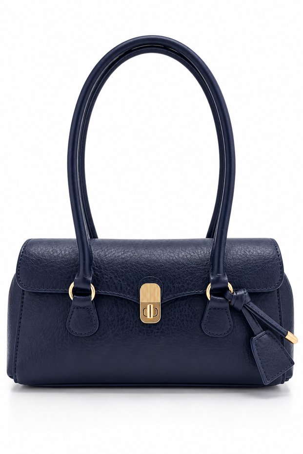 Baguette-Shaped Special Lock Pendant Detailed Elise Women's Shoulder Bag Navy Blue