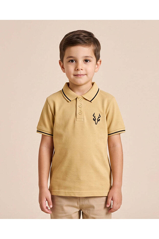 Boys Beige Embroidered Polo Shirt