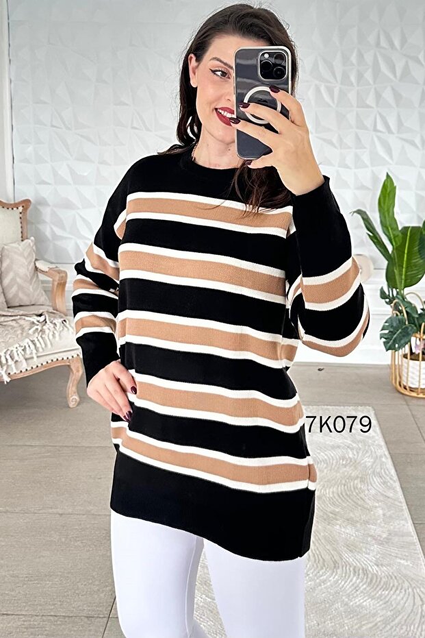 Crew Neck Striped Knitwear Blouse 7K079